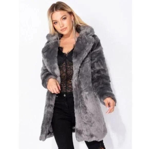 Gray Faux Fur Long Sleeve Collared Coat - Picture 13 of 16